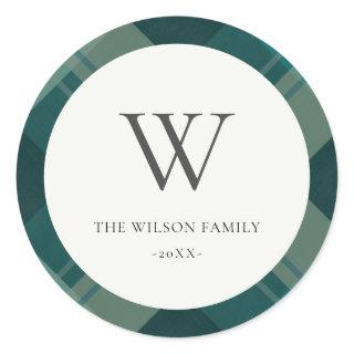 Modern Teal Green Blue Plaid Pattern Monogram Classic Round Sticker