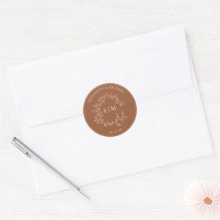 Modern Terracotta Leafy Crest Monogram Wedding Classic Round Sticker