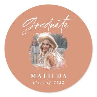 Modern terracotta script photo elegant graduation classic round sticker