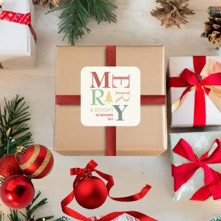 Modern Trendy Merry And Bright Minimalist Colorful Square Sticker