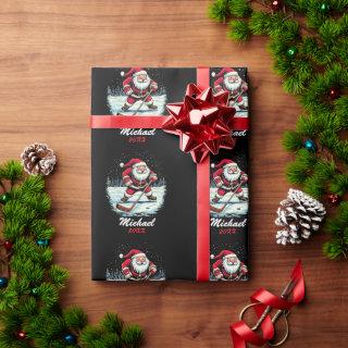 Modern Trendy Santa Playing Ice Hockey Custom Name