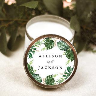 Modern Tropical Leaves Gold Personalized Wedding Classic Round Sticker