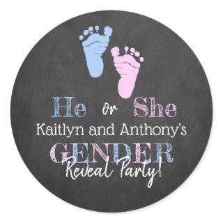 Modern Typography Gender Reveal Party! Baby Shower Classic Round Sticker