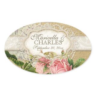 Modern Vintage Lace Tea Stained Hydrangea n Roses Oval Sticker