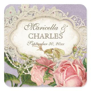 Modern Vintage Lace Tea Stained Hydrangea n Roses Square Sticker