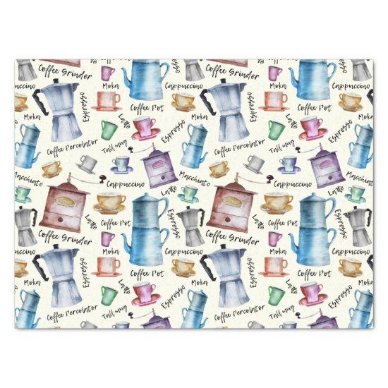 Modern Vintage Watercolor Coffee Pots Pattern Tissue Paper