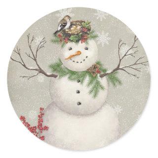 modern vintage winter garden snowman classic round sticker