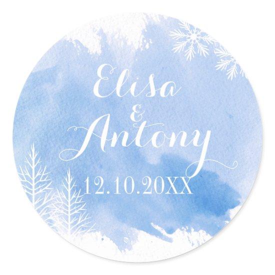 Modern watercolor blue wedding Save the Date Classic Round Sticker