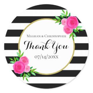 Modern Watercolor Floral Stripes Wedding Thank You Classic Round Sticker