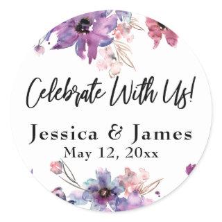 Modern Watercolor Florals Celebrate With Us! Classic Round Sticker