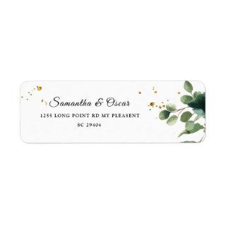 Modern Watercolor Greenery Frame & Gold Dots Label