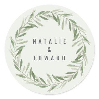 Modern watercolor olive branch foliage wedding classic round sticker