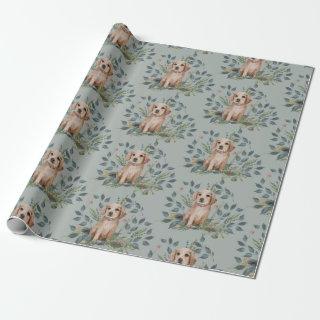 Modern Watercolor Puppy Dog Floral Eucalyptus Sage