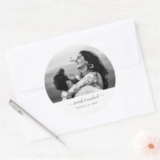 Modern Wedding Favor Save the Date Photo Script Classic Round Sticker
