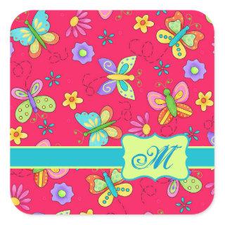 Modern Whimsy Butterflies on Red Monogram Personal Square Sticker