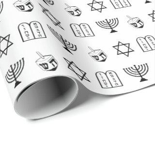Modern white black jewish icons pattern Hanukkah
