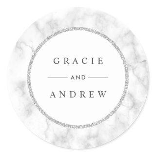 Modern White Marble Silver Glitter Wedding Classic Round Sticker