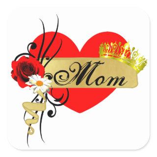 Mom Mothers Day Big Red Heart Rose Scroll Square Sticker