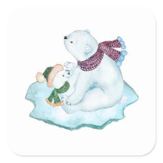 MOMMA & BABY POLAR BEARS SITTING ON ICE FLOE SQUARE STICKER