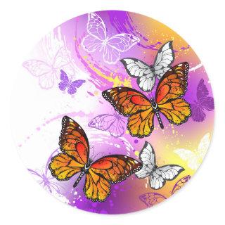 Monarch Butterflies on Purple Background Classic Round Sticker