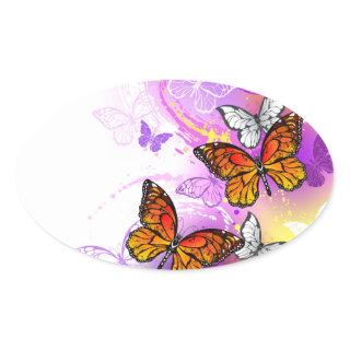 Monarch Butterflies on Purple Background Oval Sticker