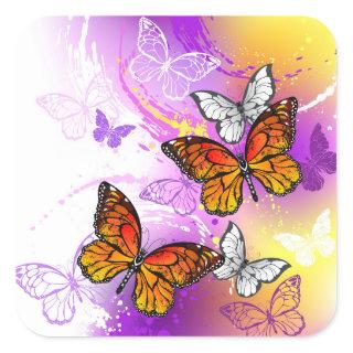 Monarch Butterflies on Purple Background Square Sticker