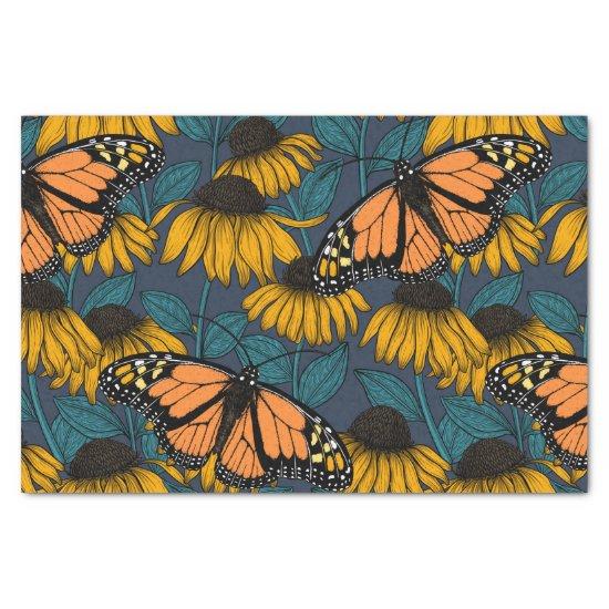 Monarch butterfly on yellow coneflowers tissue paper