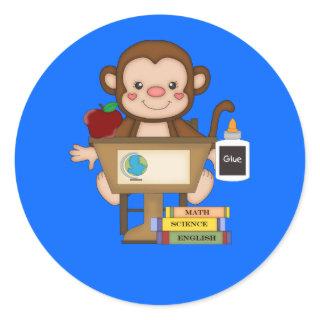 Monkey at School Sitting at Desk Classic Round Sticker