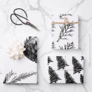 Monochrom Winter Christmas Tree Pine Branch Cones   Sheets