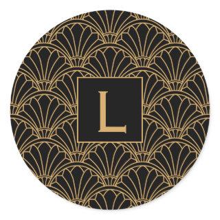 Monogram Black and Gold Art Deco Fan Flowers Motif Classic Round Sticker