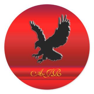 Monogram, Black Eagle logo on red chrome-effect Classic Round Sticker