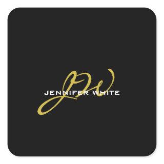 Monogram Black Gold Color Plain Modern Own Name Square Sticker