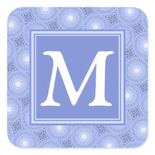 Monogram blue circles pattern square sticker