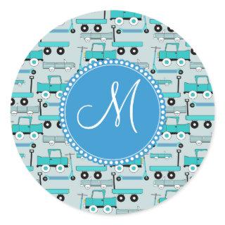 Monogram Blue Wheels Scooters Cars Wagons Trucks Classic Round Sticker