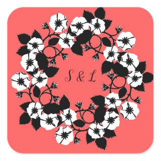Monogram Bright Coral Black & White Flower Wreath Square Sticker