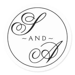 Monogram Calligraphy black and white Wedding Classic Round Sticker