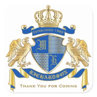 Monogram Coat of Arms Blue Gold Eagle Crown Emblem Square Sticker