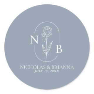 Monogram Dusty Blue Minimalist Modern Wedding Classic Round Sticker