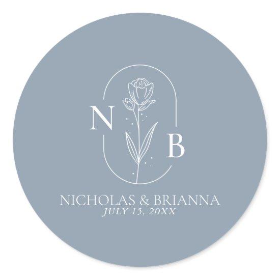 Monogram Dusty Blue Minimalist Modern Wedding Classic Round Sticker