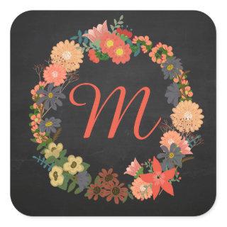 Monogram Floral Wreath, Square Stickers