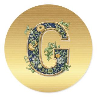 Monogram G, floral pattern on gold, Classic Round Sticker