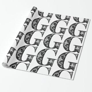 Monogram G Initial Black and White Floral Pattern