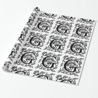 Monogram G Initial Black and White Floral Pattern