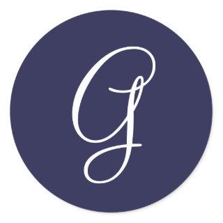 Monogram G, White on Navy Blue,  Classic Round Sticker