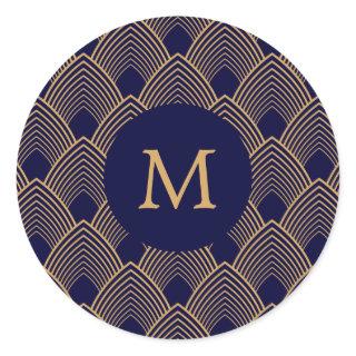 Monogram Gold and Blue Art Deco Pattern  Classic Round Sticker
