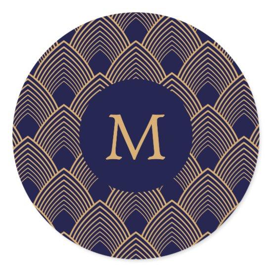 Monogram Gold and Blue Art Deco Pattern  Classic Round Sticker