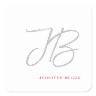 Monogram Grey White Plain Calligraphy Script Square Sticker