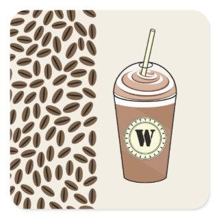 Monogram Iced Coffee To Go & Coffee Beans Square Sticker