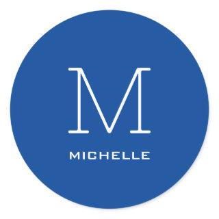 Monogram Initial Name Deep Blue Unique Minimalist Classic Round Sticker