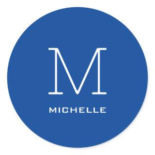 Monogram Initial Name Deep Blue Unique Minimalist Classic Round Sticker